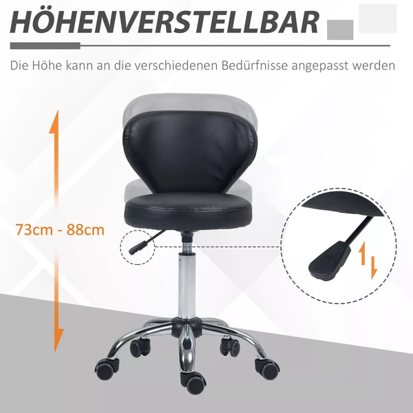 HOMCOM Rullehængekøje - Drejelig Arbejdshammer 360° - Højdejusterbart Sæde 49-64 cm, Ergonomisk Ryglæn - Forkromet Metal med Sort Kunstlæderbetræk