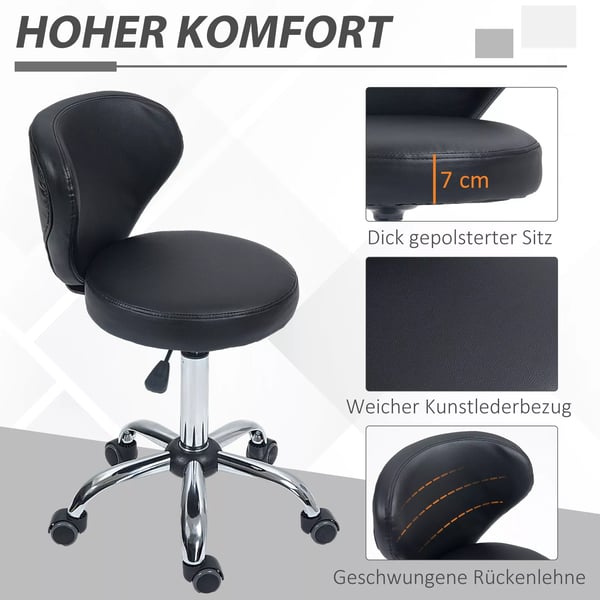 HOMCOM Rullehængekøje - Drejelig Arbejdshammer 360° - Højdejusterbart Sæde 49-64 cm, Ergonomisk Ryglæn - Forkromet Metal med Sort Kunstlæderbetræk