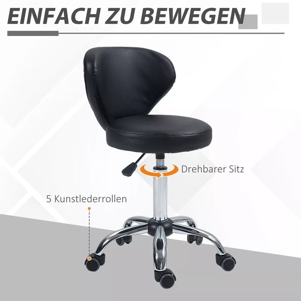 HOMCOM Rullehængekøje - Drejelig Arbejdshammer 360° - Højdejusterbart Sæde 49-64 cm, Ergonomisk Ryglæn - Forkromet Metal med Sort Kunstlæderbetræk
