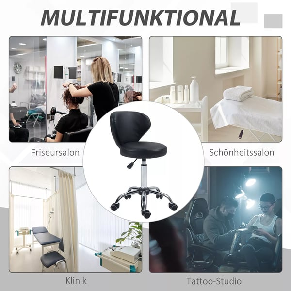 HOMCOM Rullehængekøje - Drejelig Arbejdshammer 360° - Højdejusterbart Sæde 49-64 cm, Ergonomisk Ryglæn - Forkromet Metal med Sort Kunstlæderbetræk