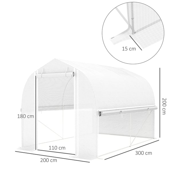 Outsunny Drivhus Tunnel 3x2x2m Hvid PP/Galvaniseret Stål med 4 Vinduer og Dør, UV-resistent Folie, Luftig Ventilation, Ideel til Haver