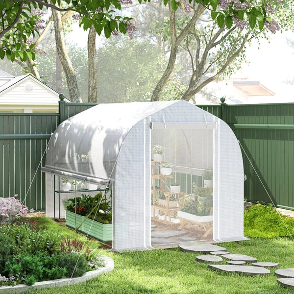 Outsunny Drivhus Tunnel 3x2x2m Hvid PP/Galvaniseret Stål med 4 Vinduer og Dør, UV-resistent Folie, Luftig Ventilation, Ideel til Haver