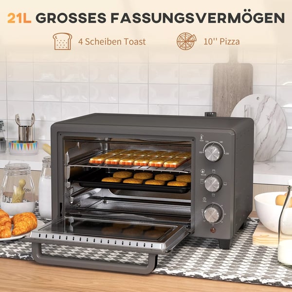 HOMCOM miniovn 21L, 1400W, rustfrit stål, grå - justerbar temperatur og timer til alsidig madlavning