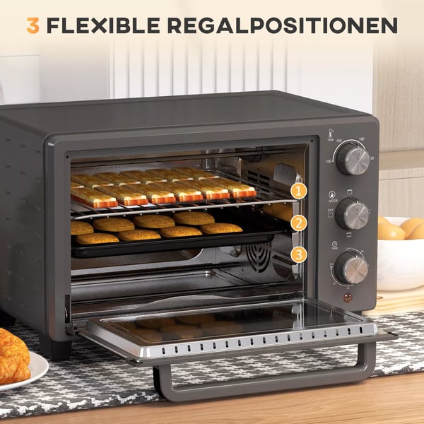 HOMCOM miniovn 21L, 1400W, rustfrit stål, grå - justerbar temperatur og timer til alsidig madlavning