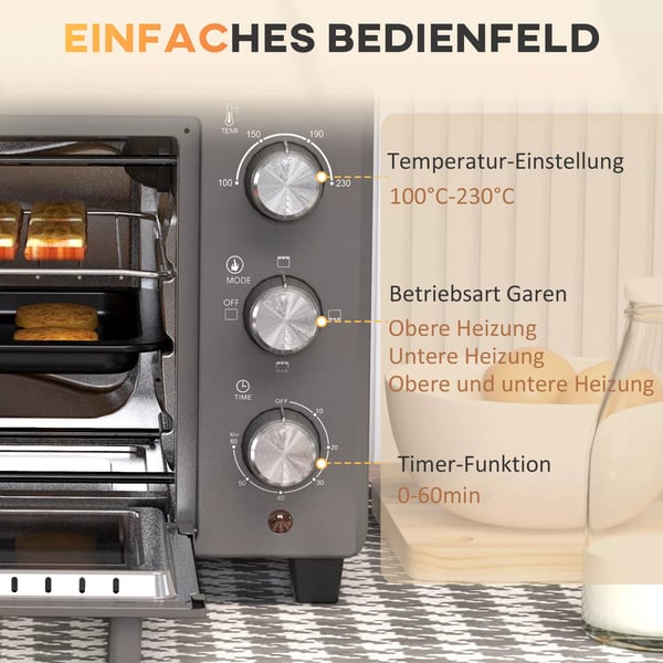 HOMCOM miniovn 21L, 1400W, rustfrit stål, grå - justerbar temperatur og timer til alsidig madlavning