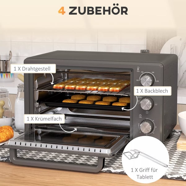 HOMCOM miniovn 21L, 1400W, rustfrit stål, grå - justerbar temperatur og timer til alsidig madlavning