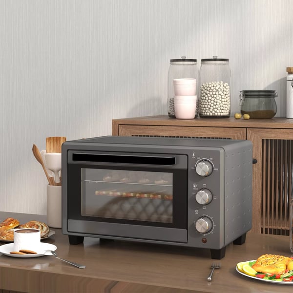 HOMCOM miniovn 21L, 1400W, rustfrit stål, grå - justerbar temperatur og timer til alsidig madlavning