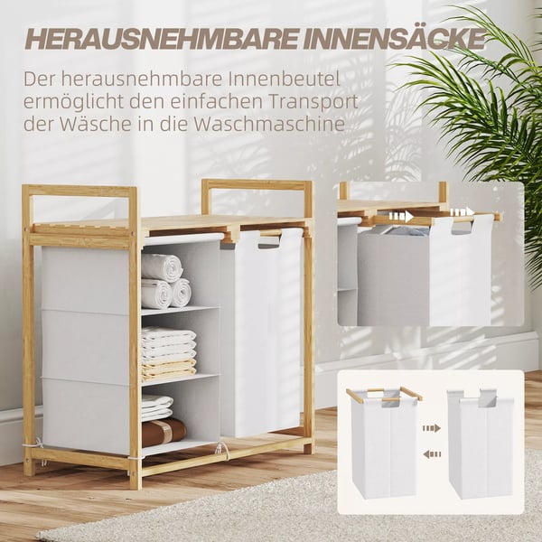 HOMCOM Pyykkikori 4 lokeroa, Bambu ja Valkoinen, 70x36x70 cm