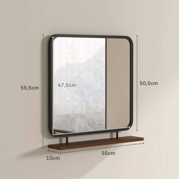 HOMCOM Vægspejl 55 x 55,5 cm Gangspejl med træhylde, rektangulært spejl, dekorativt spejl til soveværelse, badeværelse, Sort