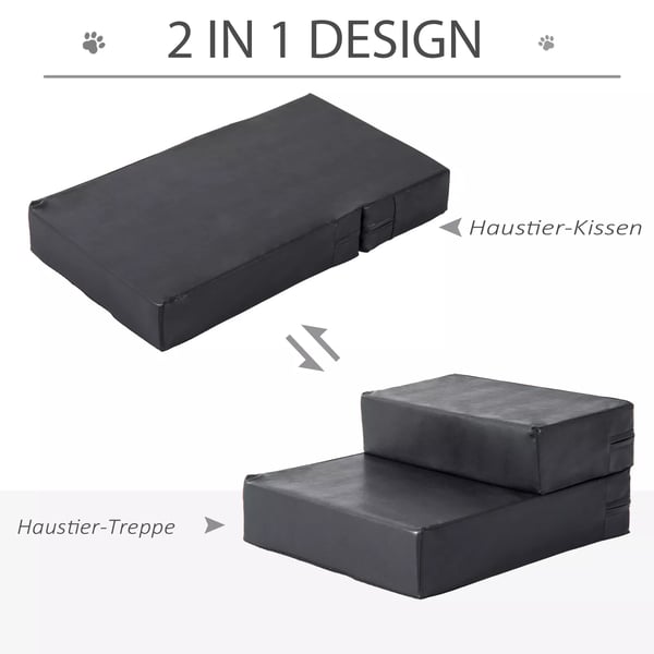 PawHut Foldbar Kæledyrstrappe med 2 Trin, Hundetrappe til Ældre Hunde og Katte, Sort PU Læder og Skum, L45xB39xH20cm