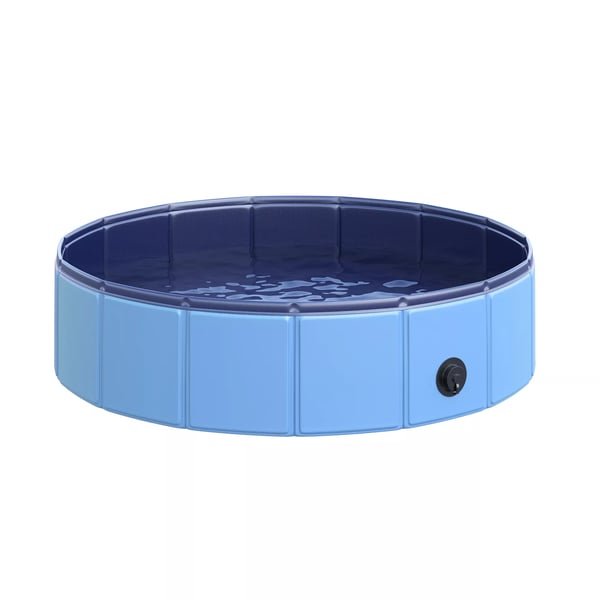 hundepool, robust soppebassin til hunde, svømmebassin lavet af PVC+træ, blå, Ø80xH20 cm, sommersjov
