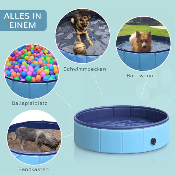 hundepool, robust soppebassin til hunde, svømmebassin lavet af PVC+træ, blå, Ø80xH20 cm, sommersjov