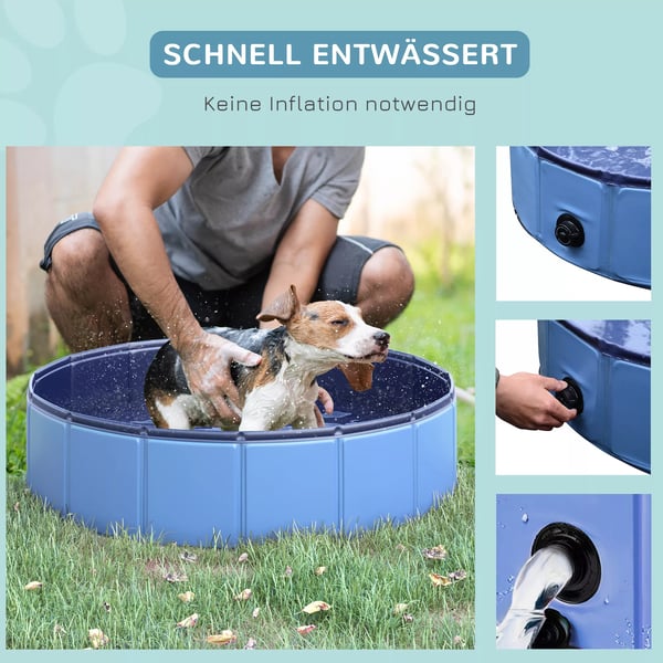 hundepool, robust soppebassin til hunde, svømmebassin lavet af PVC+træ, blå, Ø80xH20 cm, sommersjov