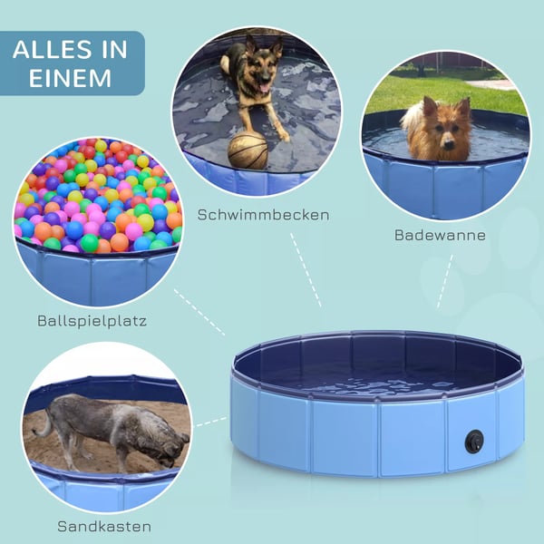 hundepool, robust soppebassin til hunde, svømmebassin lavet af PVC+træ, blå, Ø80xH20 cm, sommersjov