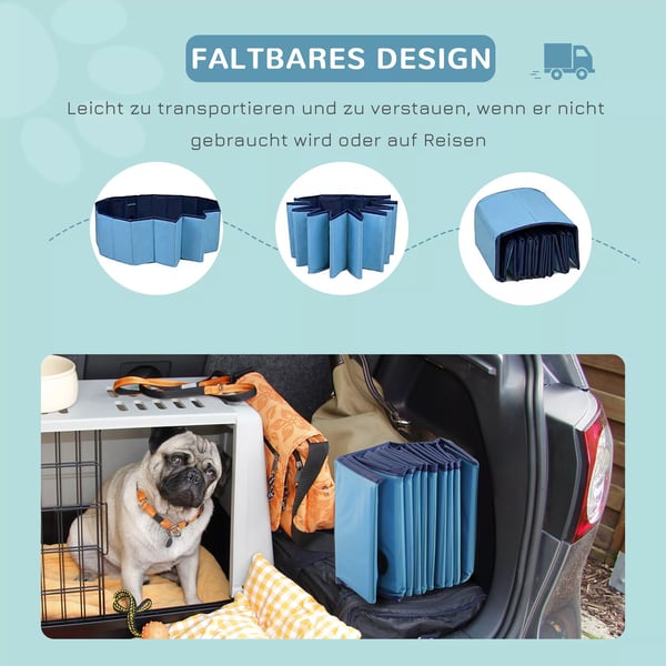 hundepool, robust soppebassin til hunde, svømmebassin lavet af PVC+træ, blå, Ø80xH20 cm, sommersjov