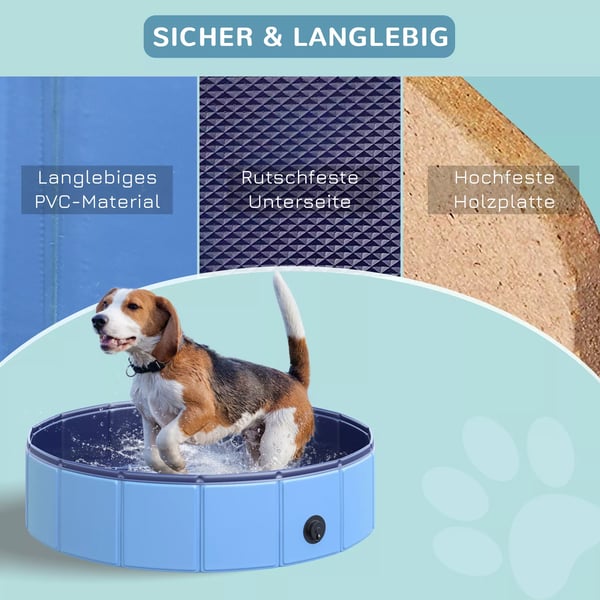 hundepool, robust soppebassin til hunde, svømmebassin lavet af PVC+træ, blå, Ø80xH20 cm, sommersjov
