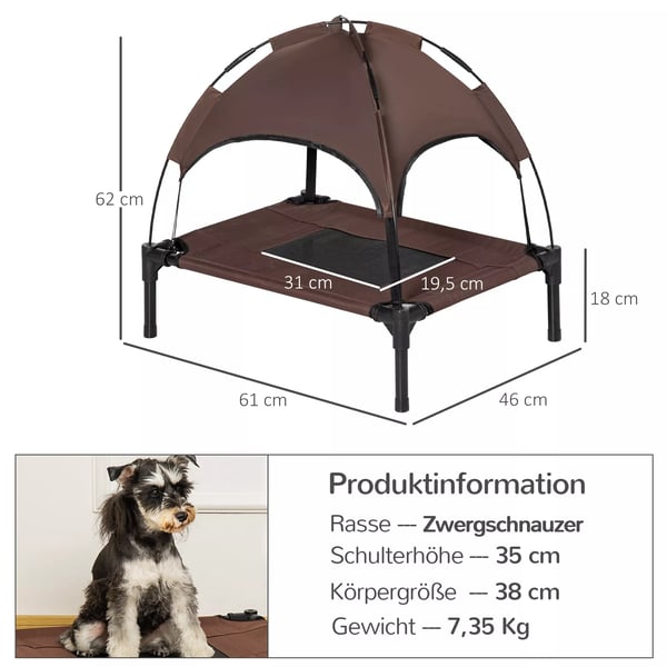 PawHut Hævet Hundeseng med Baldakin, Metall, Kaffe/Sort, 61x46x62cm