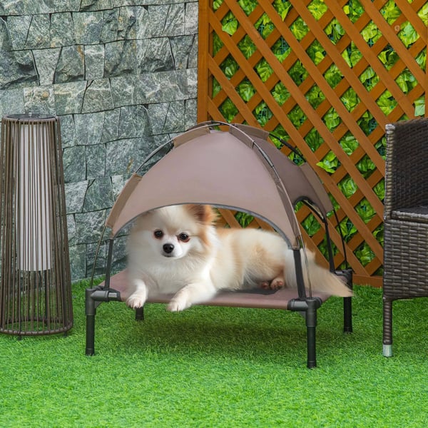 PawHut Hævet Hundeseng med Baldakin, Metall, Kaffe/Sort, 61x46x62cm