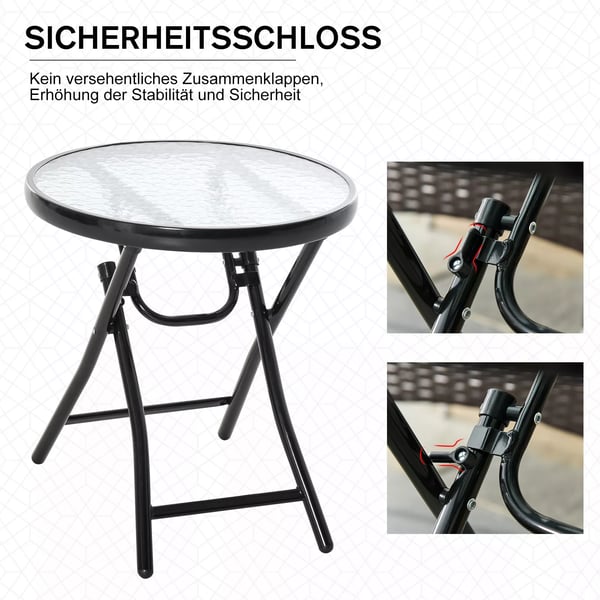 Outsunny Rundt Havebord, Sammenklappeligt Glasbord, Metal, Sort, Ø45cm