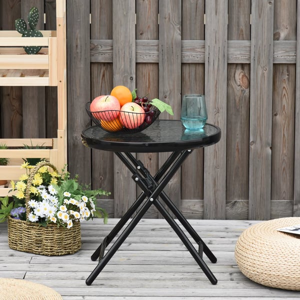 Outsunny Rundt Havebord, Sammenklappeligt Glasbord, Metal, Sort, Ø45cm