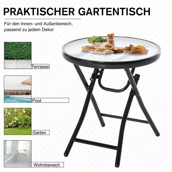 Outsunny Rundt Havebord, Sammenklappeligt Glasbord, Metal, Sort, Ø45cm