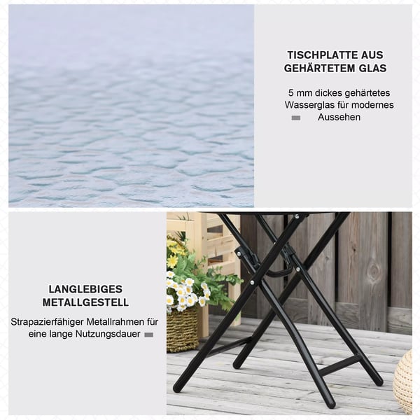 Outsunny Rundt Havebord, Sammenklappeligt Glasbord, Metal, Sort, Ø45cm