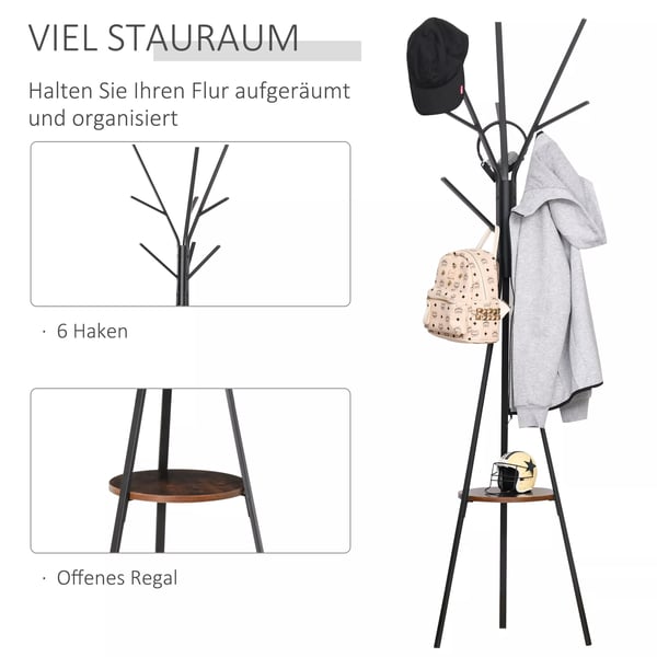 HOMCOM Garderobestativ - Stående Garderobe med 8 Kroge og Hylde, Metal/MDF, Brun, 45x45x180cm