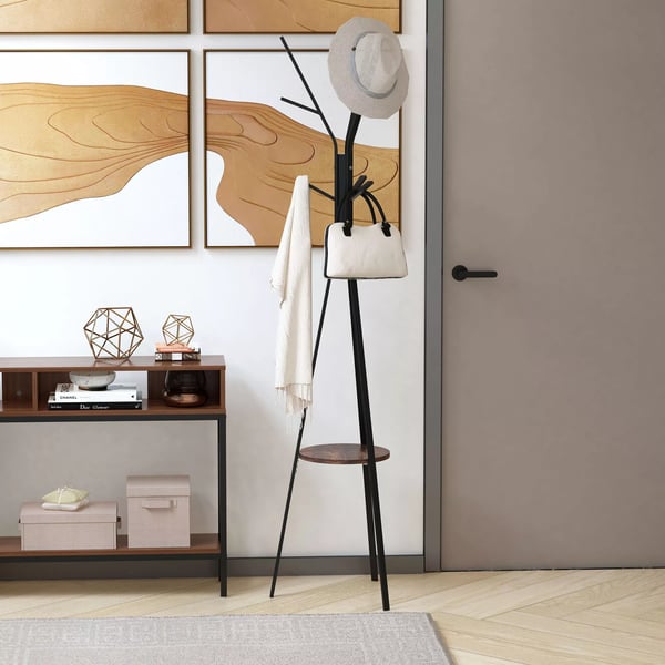 HOMCOM Garderobestativ - Stående Garderobe med 8 Kroge og Hylde, Metal/MDF, Brun, 45x45x180cm
