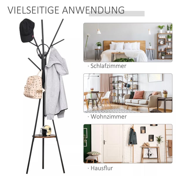 HOMCOM Garderobestativ - Stående Garderobe med 8 Kroge og Hylde, Metal/MDF, Brun, 45x45x180cm