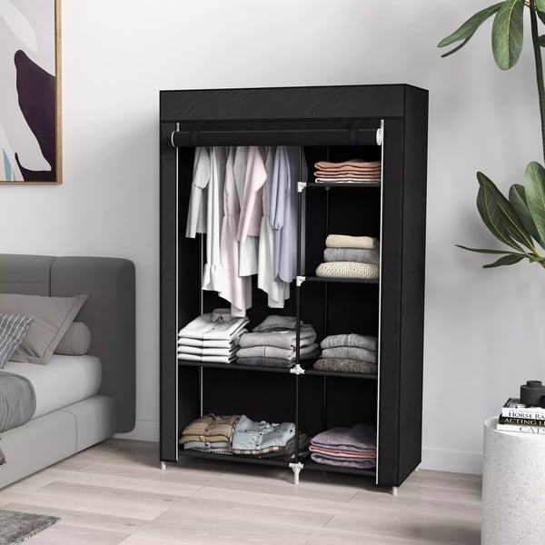 HOMCOM Stofgarderobeskab 6 hylder ikke-vævet stof sammenklappeligt garderobeskab sort 103x43x162,5 cm
