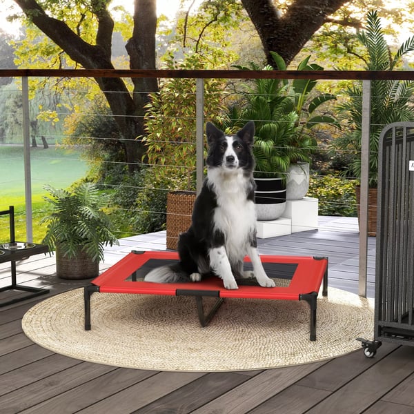 Hævet Hundeseng, Rød, Metalramme & Oxford/Tekstilenet, 92x76x18cm, Max 50kg