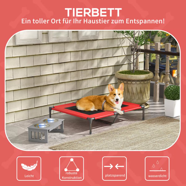 Hævet Hundeseng, Rød, Metalramme & Oxford/Tekstilenet, 92x76x18cm, Max 50kg