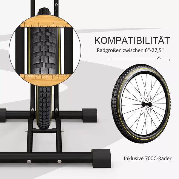 Pyöräteline - Pysty & Vaaka - Säädettävä - Metalli, Musta - Yhteensopiva 6"-28" & 700c pyörille - 45x44x118cm