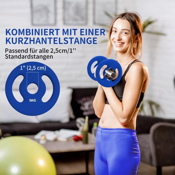 Set med 2 hantelvikter, 2 x 5 kg vikter, hantelset, viktplattor för 2,5 cm hantelstång, Ø 30 mm hål, Blå