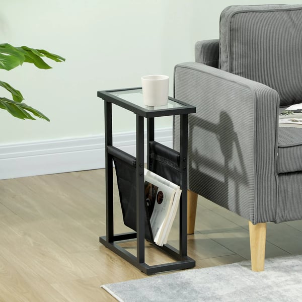 HOMCOM Sidebord m. Stofpose, Glasplade, Metalstel, Sort (40x18x55.5 cm)