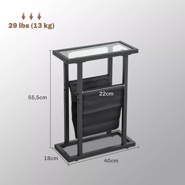 HOMCOM Sidebord m. Stofpose, Glasplade, Metalstel, Sort (40x18x55.5 cm)
