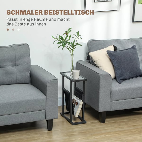 HOMCOM Sidebord m. Stofpose, Glasplade, Metalstel, Sort (40x18x55.5 cm)