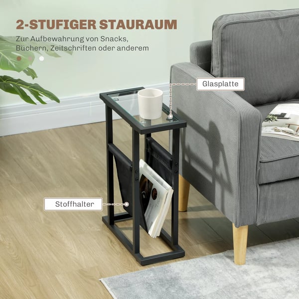 HOMCOM Sidebord m. Stofpose, Glasplade, Metalstel, Sort (40x18x55.5 cm)