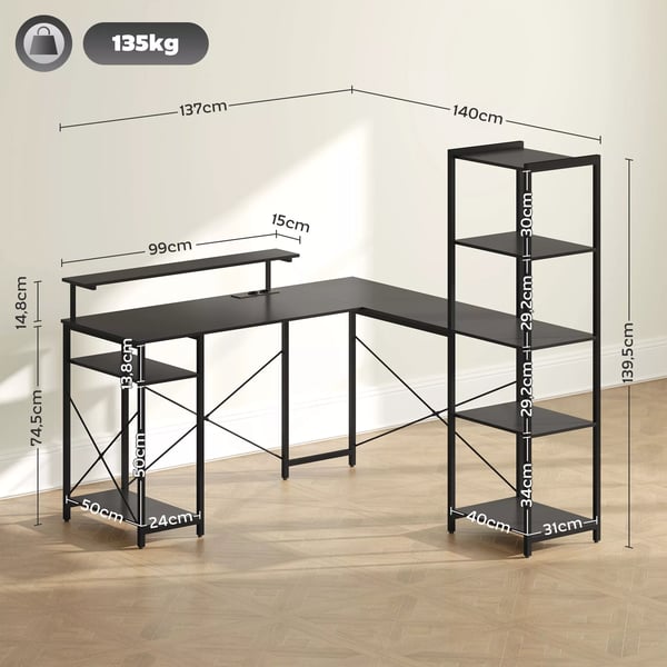 HOMCOM L-formet Skrivebord med Opbevaring – Sort, Inkl. Monitorstativ, USB & Stikkontakt – 137 x 140 x 139,5 cm