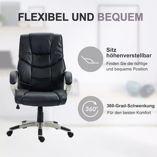 HOMCOM Ergonomisk Kontorsstol / Chefsstol - Svart Konstläder med Gungfunktion, 70x58x114-124cm