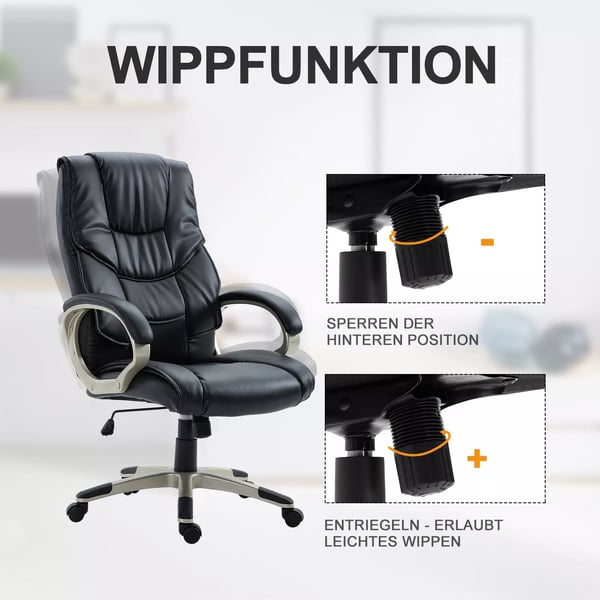HOMCOM Ergonomisk Kontorsstol / Chefsstol - Svart Konstläder med Gungfunktion, 70x58x114-124cm