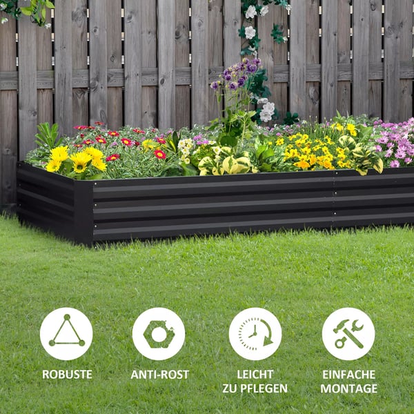 Outsunny højbed i stål, 241 x 90,5 x 30 cm plantekasse, urtepotte, blomsterkasse, havebed, urtebed, grøntsagsbed, grå