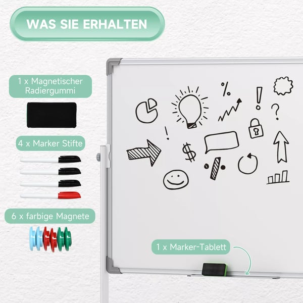 Magnetisk Whiteboard 120x90cm, Vändbar, Stativ med Hjul, Metall/Vit