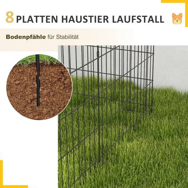 PawHut Metal Hvalpeløbegård m. Lås, 8-delt, Sort, 76 cm Høj