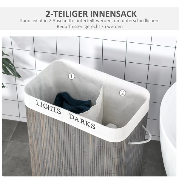 HOMCOM vasketøjskurv 100L med 2 rum i bambus, sammenklappeligt låg med håndtag, aftagelig og vaskbar pose i grå