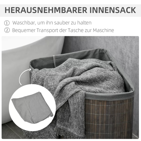HOMCOM Bambupyykkikori kannella ja irrotettavalla pussilla, 55L, harmaa, 38x38x57 cm
