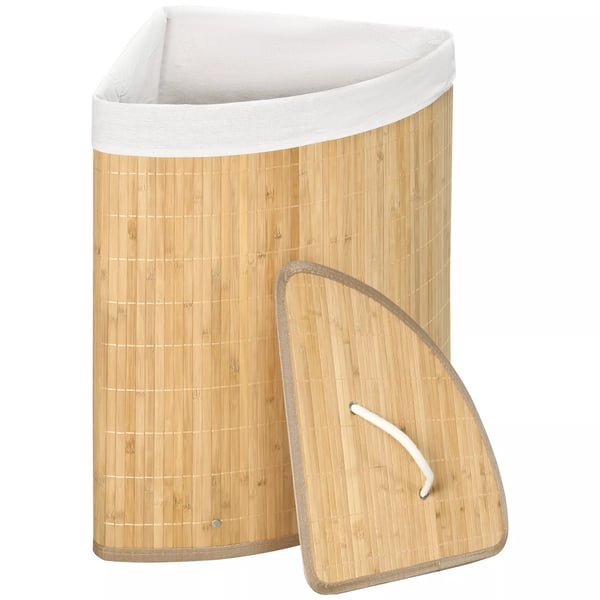 HOMCOM tvättkorg i bambu, hörna, 55L med lock och avtagbar påse, 38x38x57 cm, naturträ