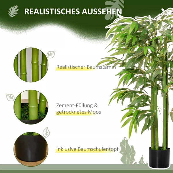 HOMCOM Keinotekoinen Bambu 140cm, Vihreä Muovi, 780 Lehteä, Ruukussa, Sisä/Ulkokäyttöön