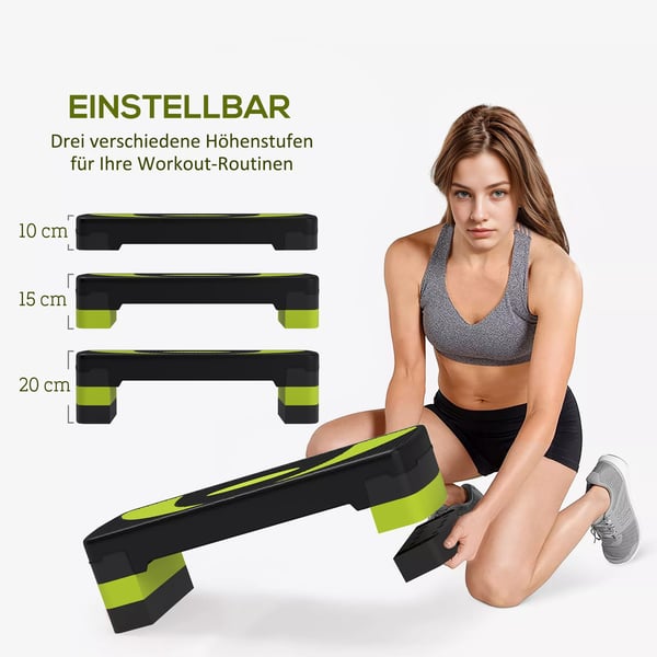 HOMCOM Aerobic Stepper - Justerbar i 3 trin (10/15/20 cm) - Fitness Træner til Hjemmebrug og Udendørs - Sort/Grøn - Max 150 kg