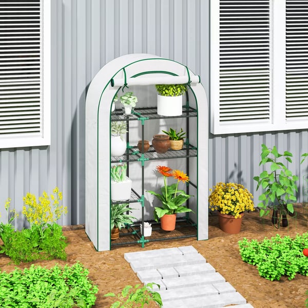 Outsunny drivhus hvid stål plast 100x45x160 cm 4 niveauer lynlåsdør